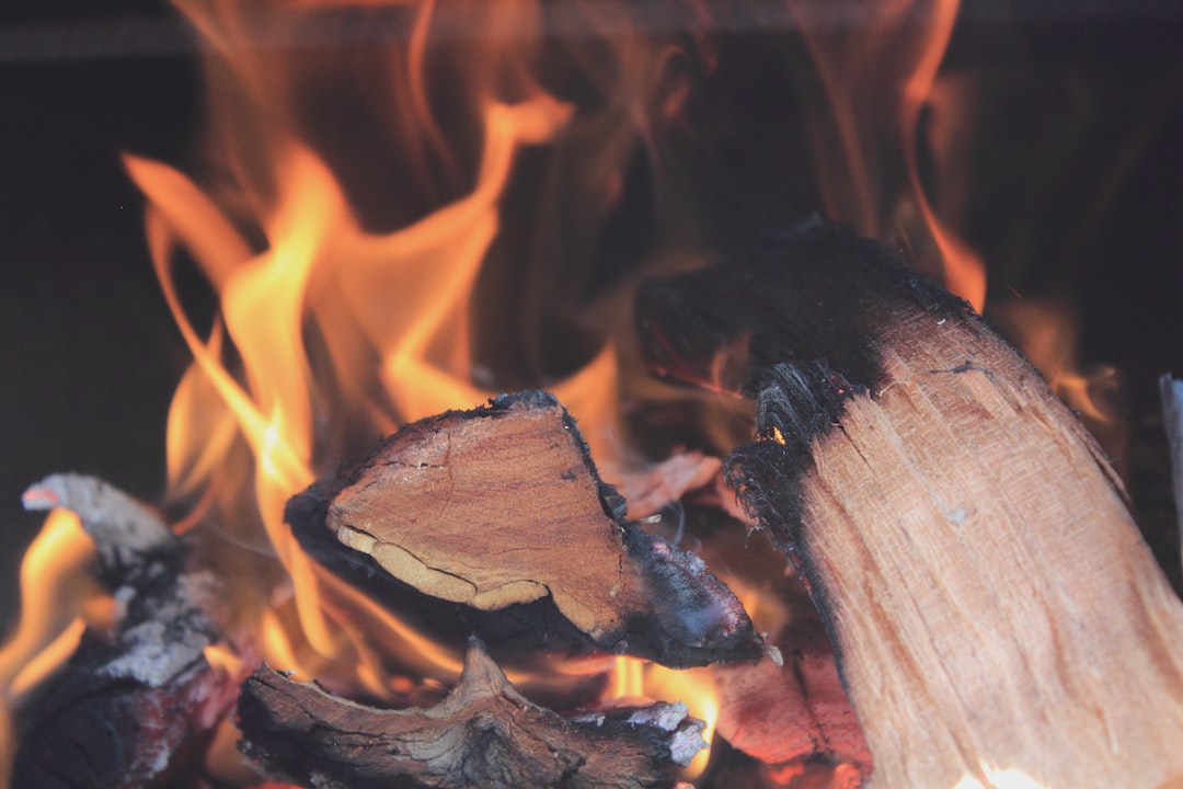 An image showcasing a well-insulated wood stove with a precisely constructed wood briquette, emitting vibrant blue flames, while smoke-free, efficient combustion occurs within, highlighting the scientific principles at play